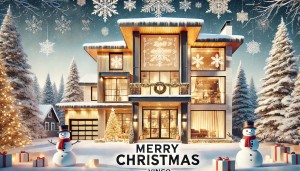 DALL·E 2024-12-20 09.43.40 - A horizontal holiday poster featuring a luxurious California-style two-story villa with narrow-frame aluminum alloy windows and doors. The villa is su